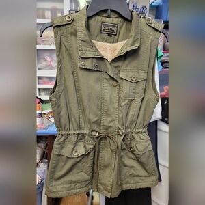 Chico C'esttoi Khaki Olive Green Utility Vest Small Faux Fir Lined